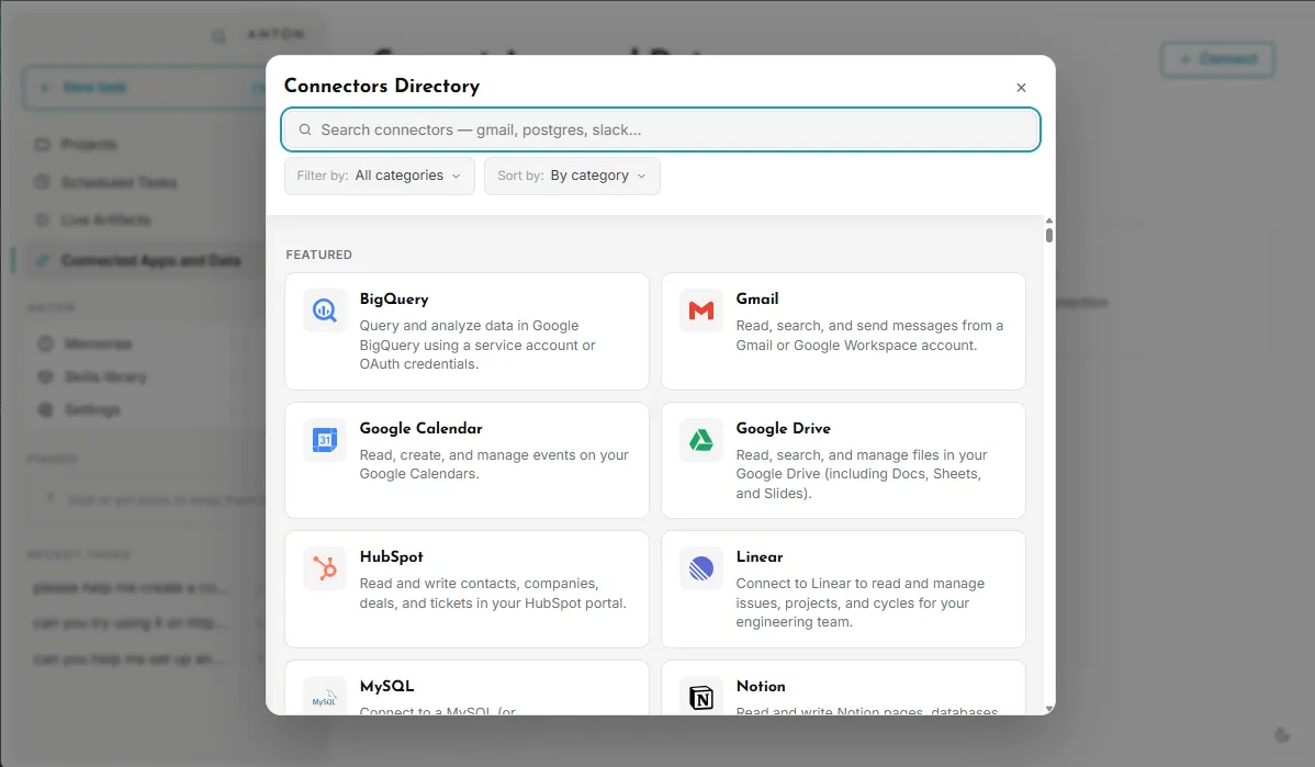 Cowork connectors directory — BigQuery, Gmail, Google Drive, HubSpot, Linear, Notion, MySQL, and more.