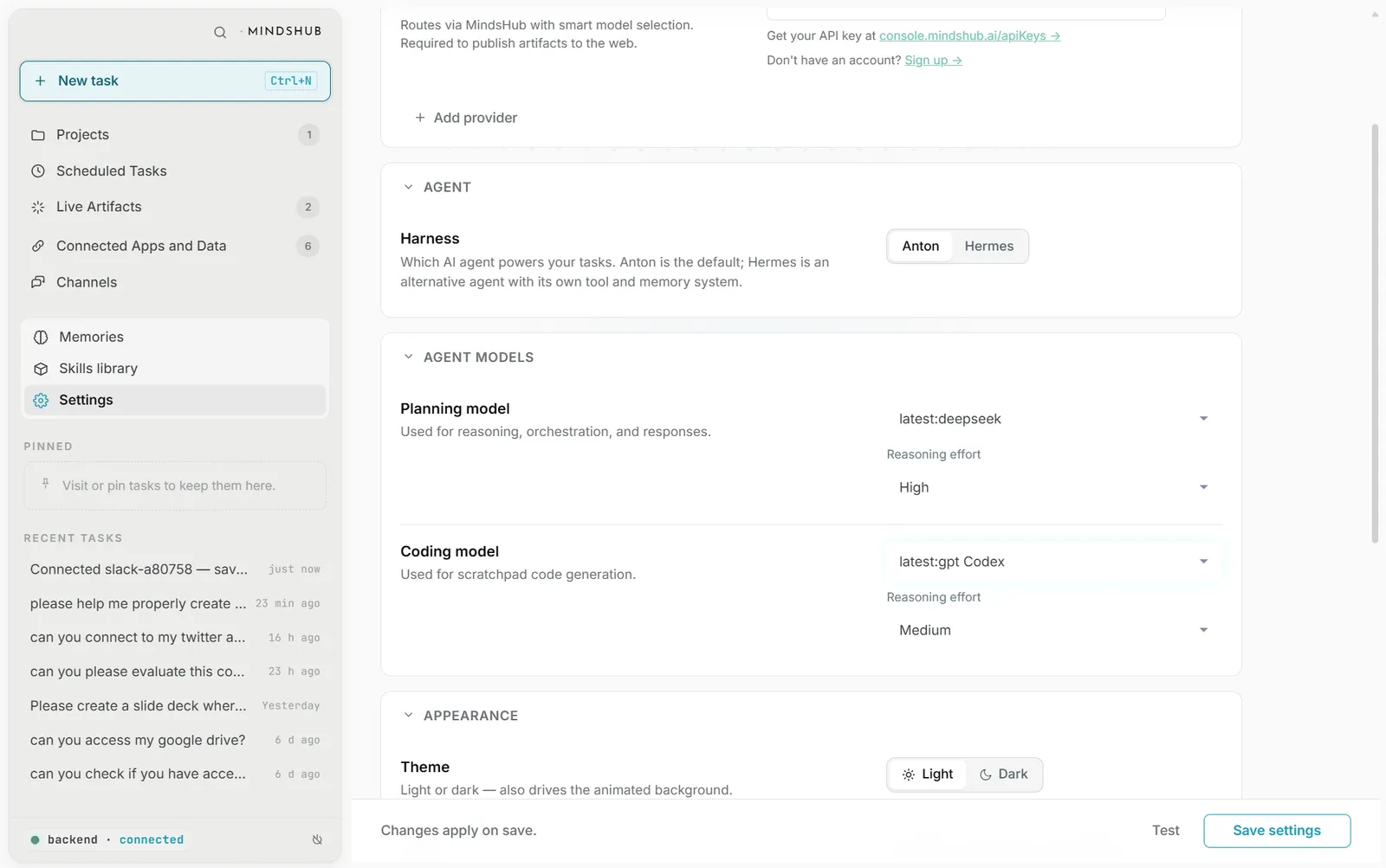 Model settings in Cowork — the MindsHub Model Router pre-wired as a provider, with planning and coding model dropdowns (latest:deepseek and latest:gpt) and per-model reasoning effort.